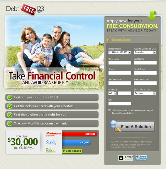 Debt Free 123 landing page design exammple