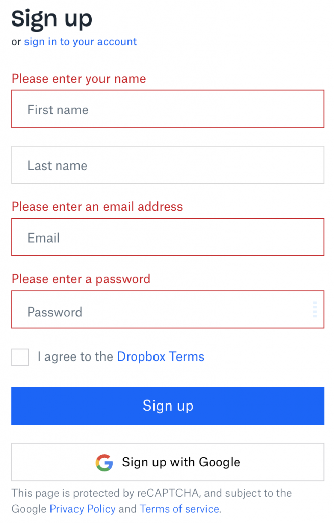 Dropbox online form error message example