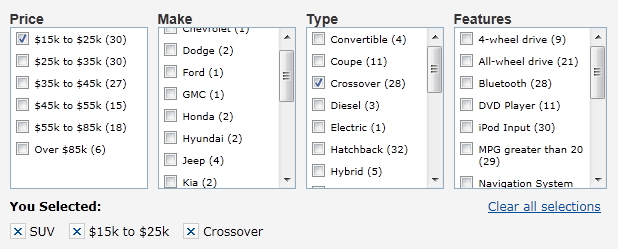 Edmunds.com faceted navigation design example