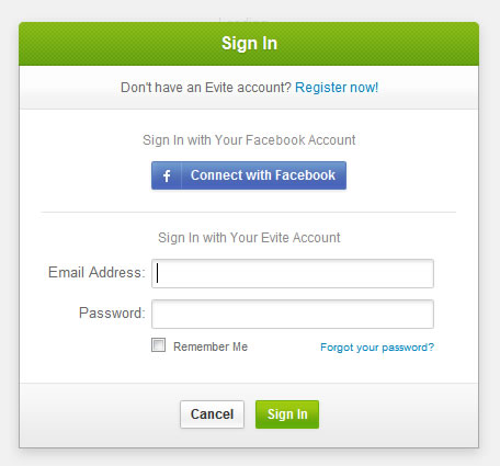 Evite login form design example