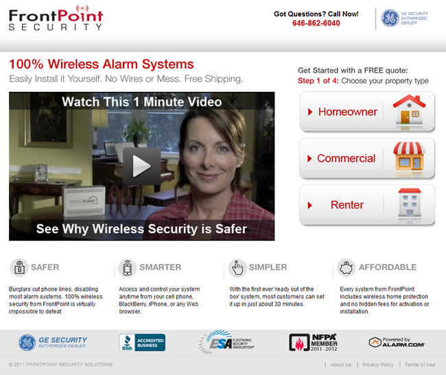 FrontPoint Security landing page design example