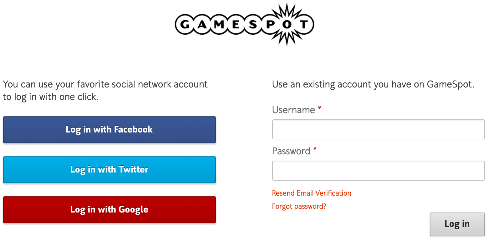 GameSpot login form design example