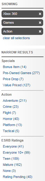 GameStop faceted navigation design example