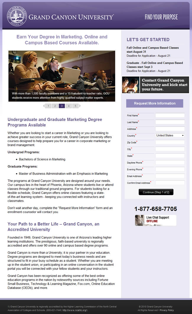 Grand Canyon University landing page design exammple