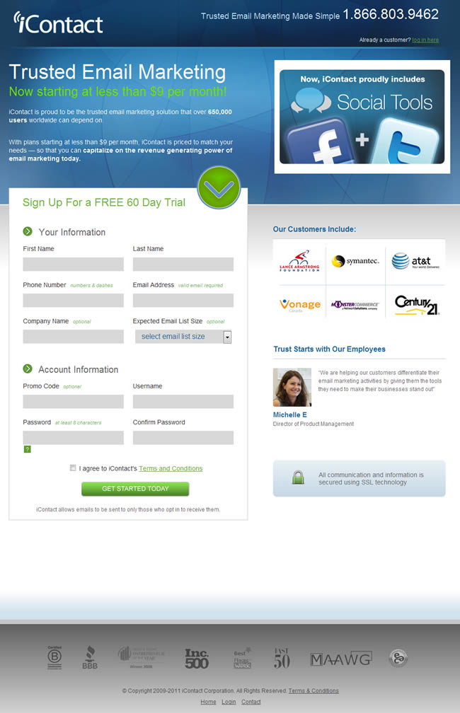 iContact landing page design exammple