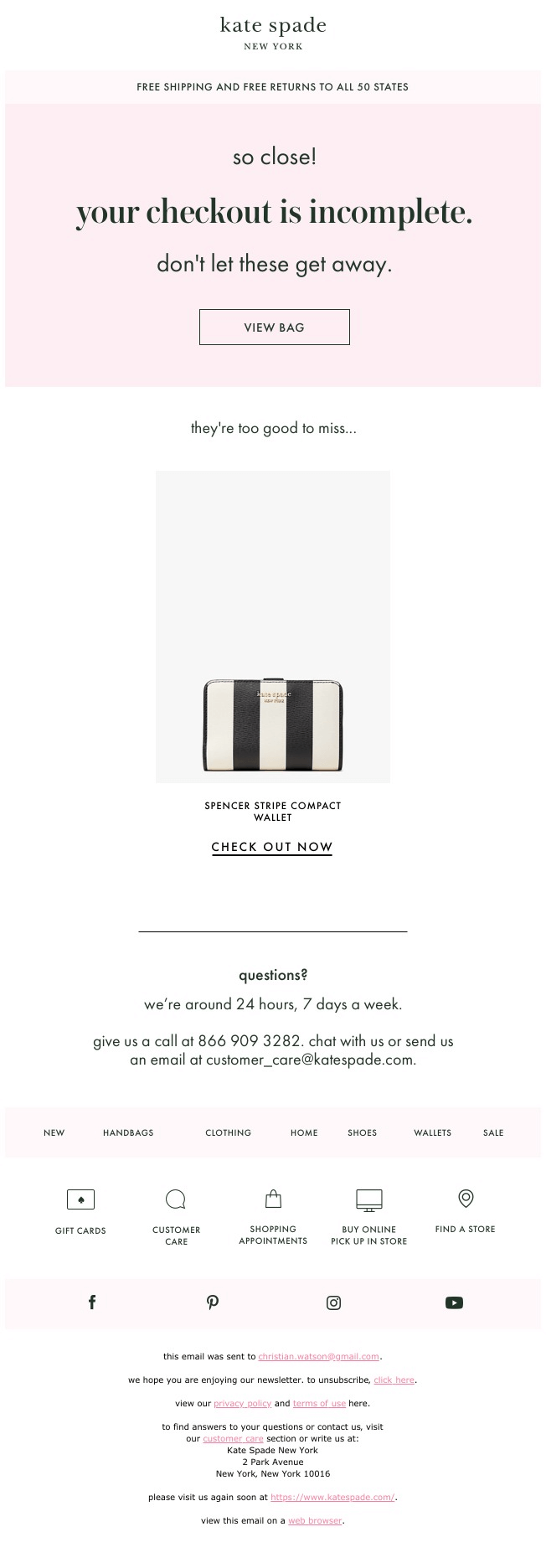 Kate Spade abandoned cart email