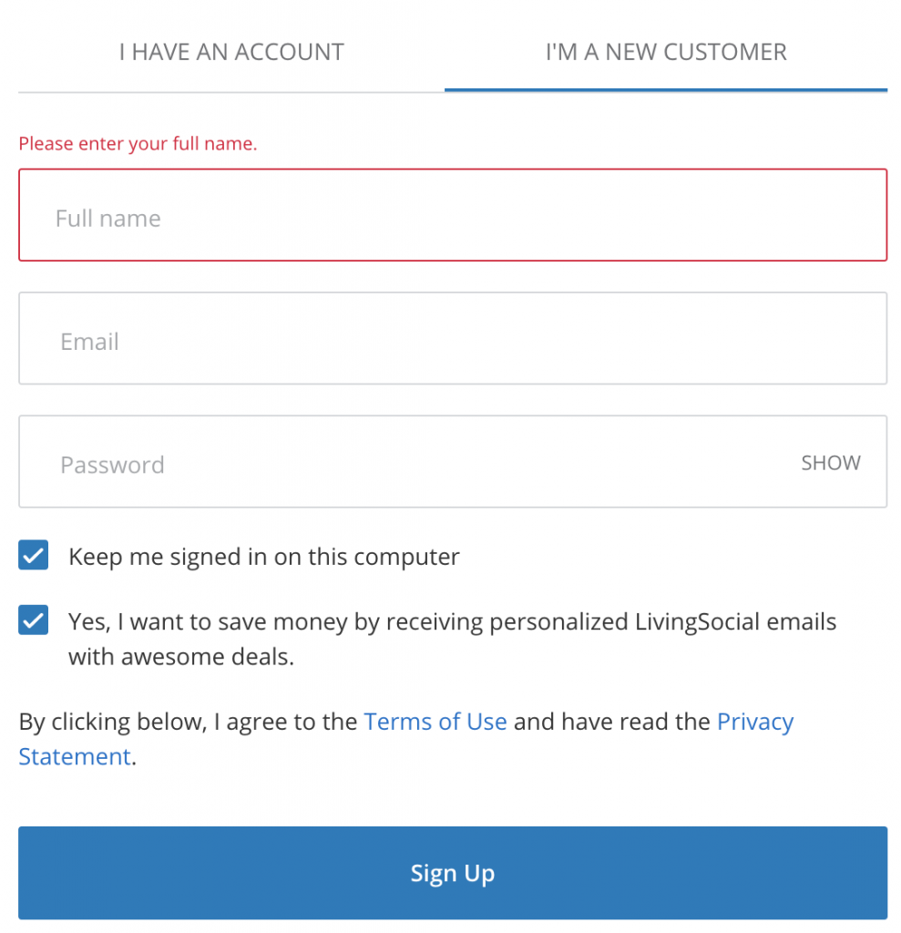 Living Social online form error message example