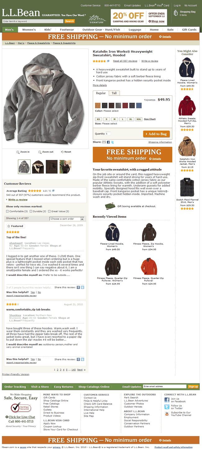 L.L.Bean ecommerce product page design example