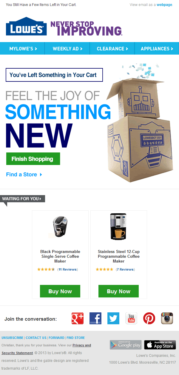 Lowe's abandoned cart email design example
