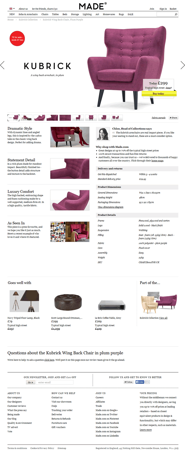 Made.com ecommerce product page design example