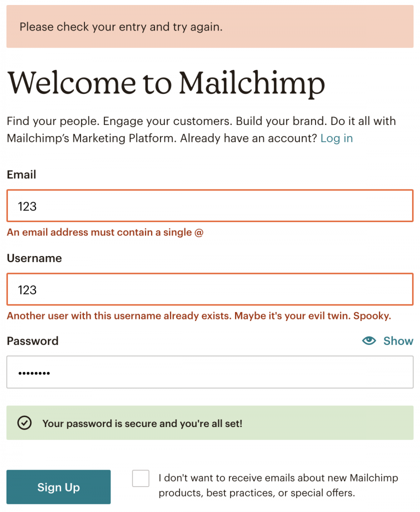 Mailchimp online form error message example