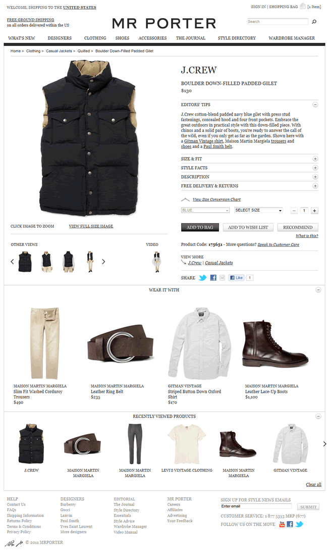 MR PORTER ecommerce product page design example