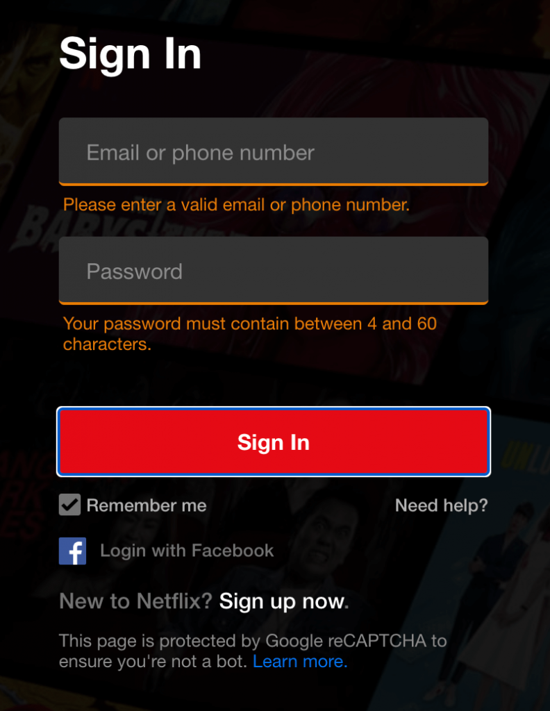 Netflix online form error message example