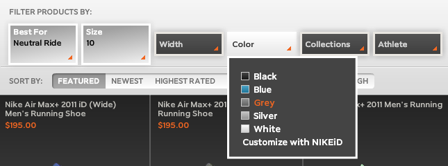 Nike faceted navigation design example