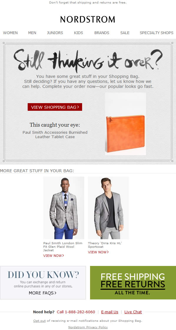 Nordstrom abandoned cart email design example