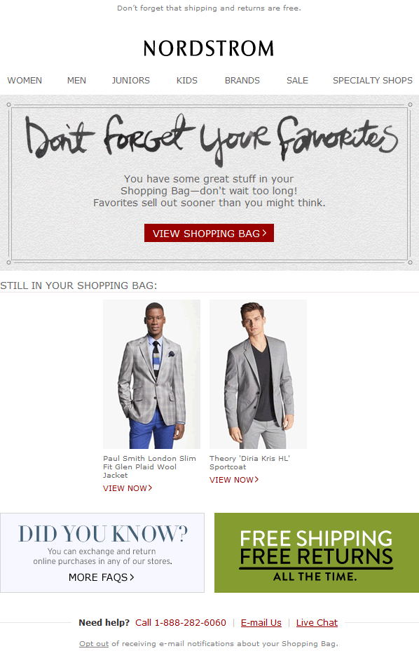 Nordstrom abandoned cart email design example