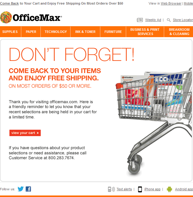 OfficeMax abandoned cart email design example