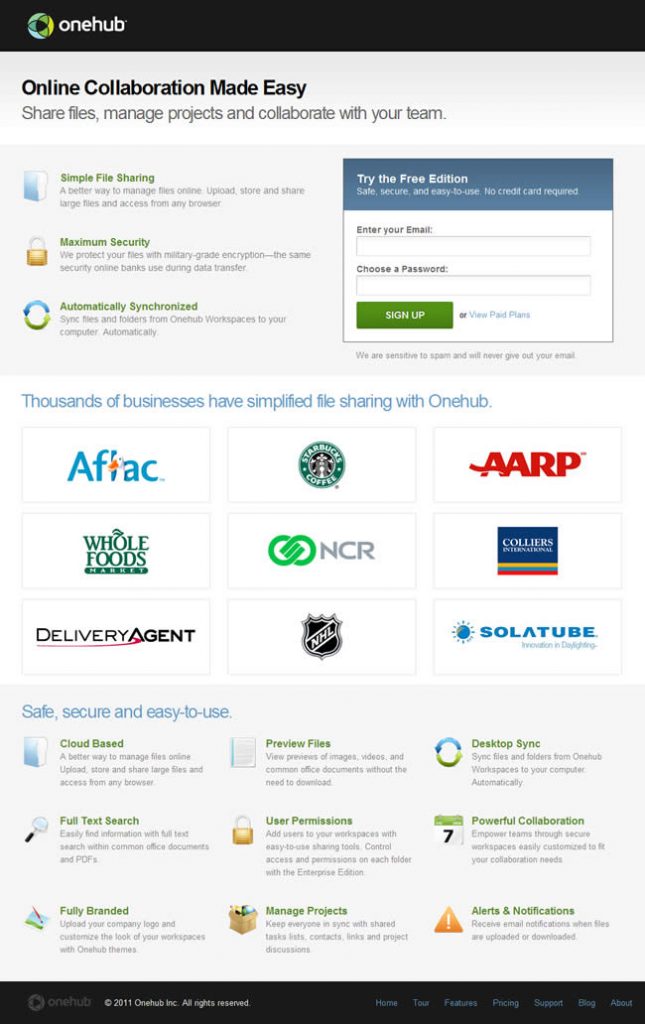 Onehub landing page design example | Smiley Cat