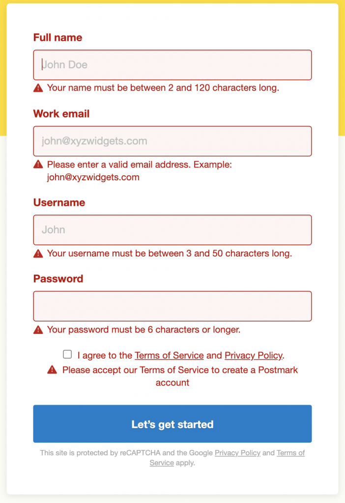Postmark online form error message example