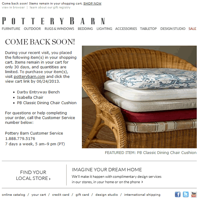 Pottery Barn abandoned cart email design example