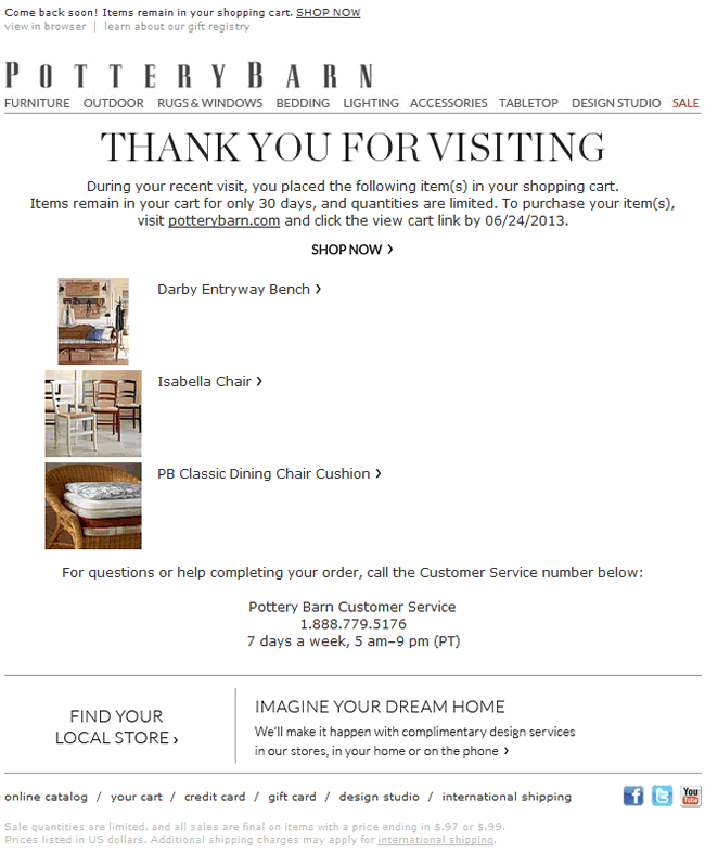 Pottery Barn abandoned cart email design example