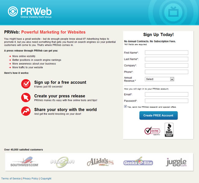 PRWeb landing page design example