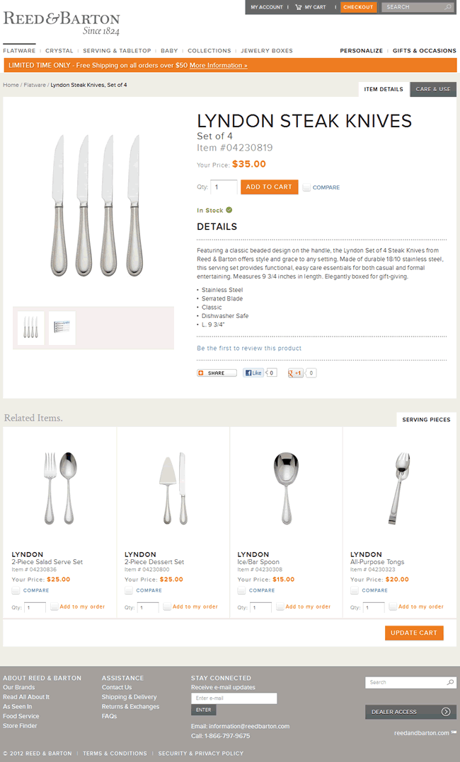 Reed and Barton ecommerce product page design example