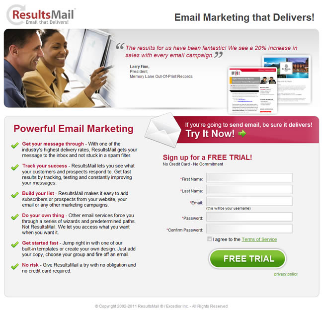 ResultsMail landing page design example