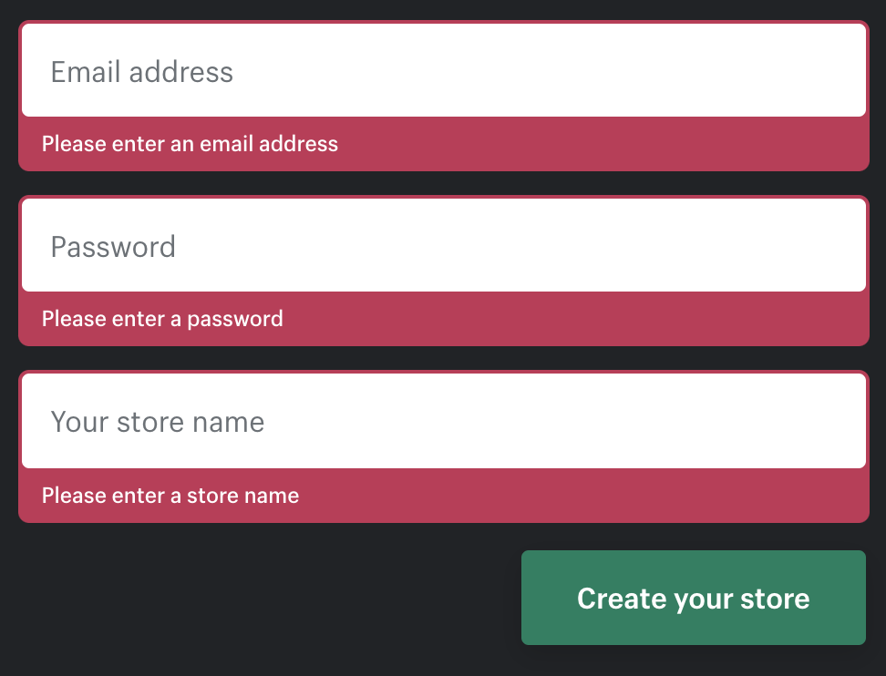 Shopify online form error message example