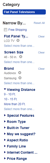 Shopping.com faceted navigation design example