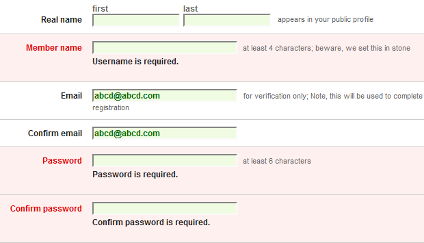 Technorati web form error message design example