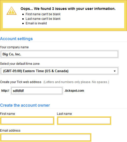 Tick web form error message design example
