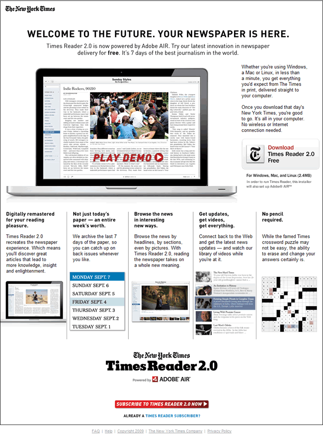 Times Reader landing page design exammple