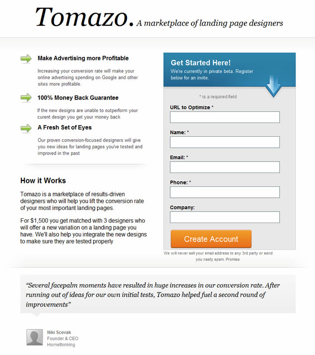 Tomazo landing page design example