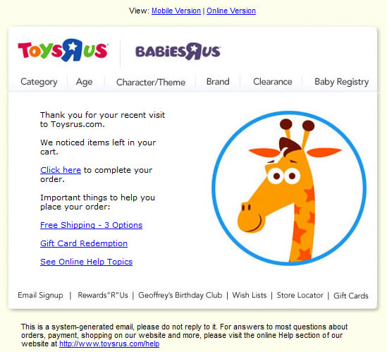 Toys R Us abandoned cart email design example