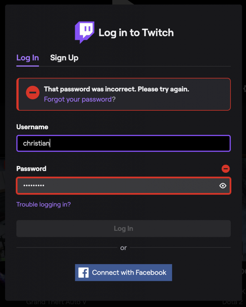 Twitch online form error message example