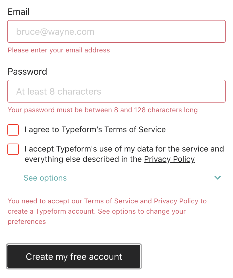 Typeform online form error message example