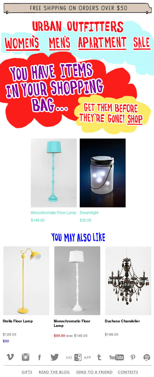 Urban Outfitters abandoned cart email design example