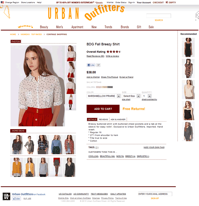 Urban Outfitters ecommerce product page design example