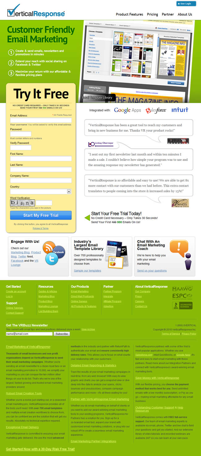 VerticalResponse landing page design example