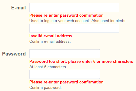 Vicito web form error message design example