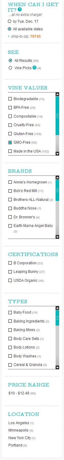 Vine.com faceted navigation design example