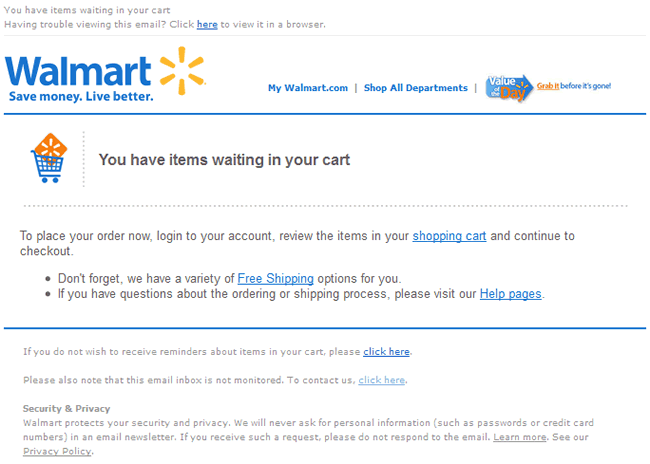 Walmart abandoned cart email design example