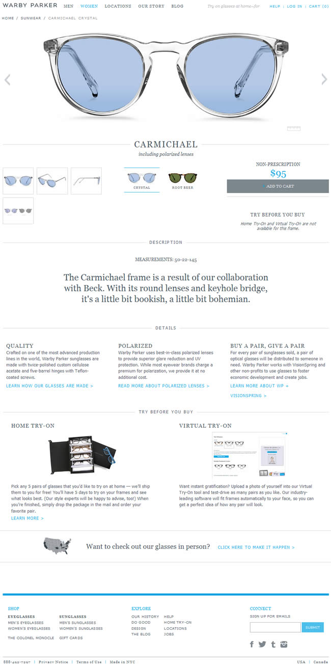 Warby Parker ecommerce product page design example