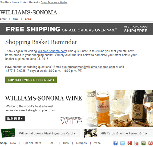 Williams-Sonoma abandoned cart email design example