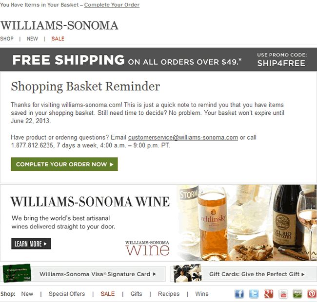 Williams-Sonoma abandoned cart email design example