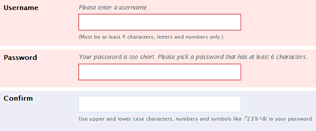 WordPress web form error message design example