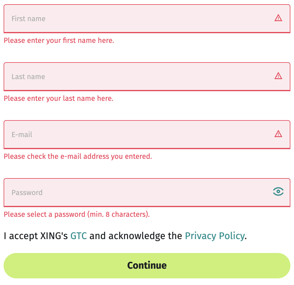 Xing online form error message example