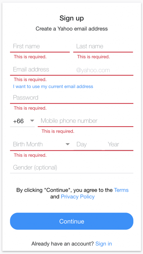 Yahoo! online form error message example