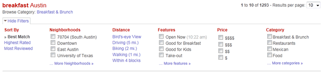 Yelp faceted navigation design example